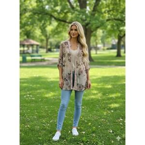 Flora Ashley‎ Floral Sheer Cardigan L Large Kimono Blouse Sequin Trim